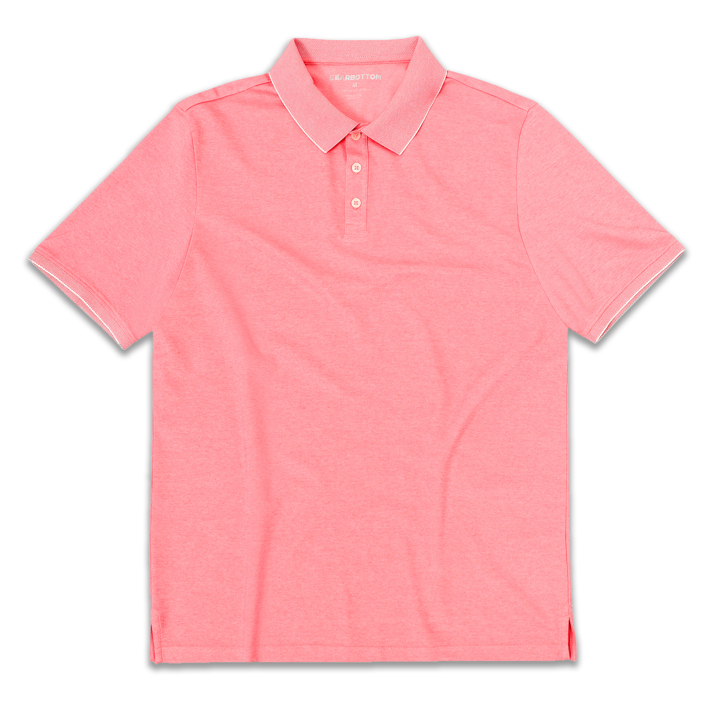 Range Polo Coral front with ribbed collar, ribbed short sleeves, and 3 white buttons