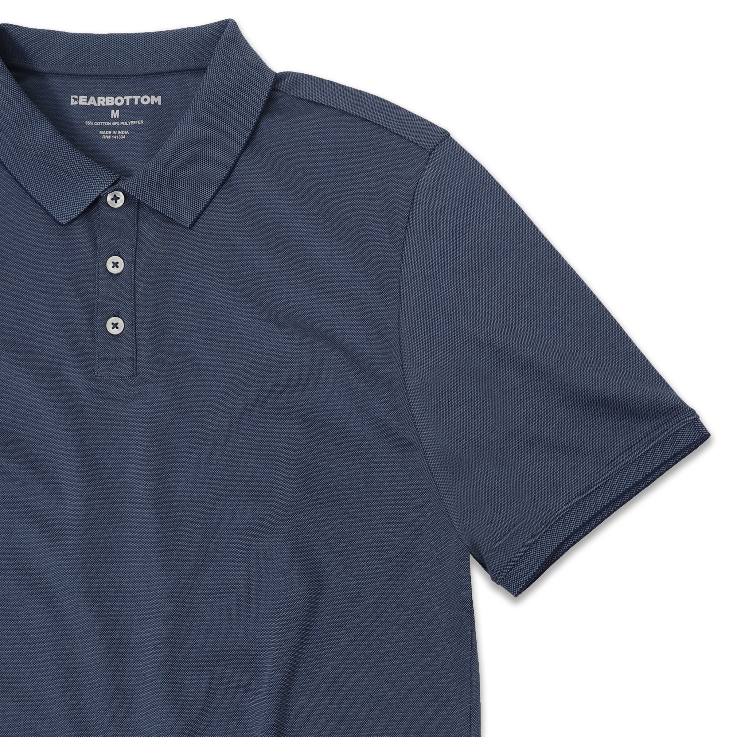 Range Polo Navy front close up with ribbed collar, ribbed short sleeves, and 3 white buttons