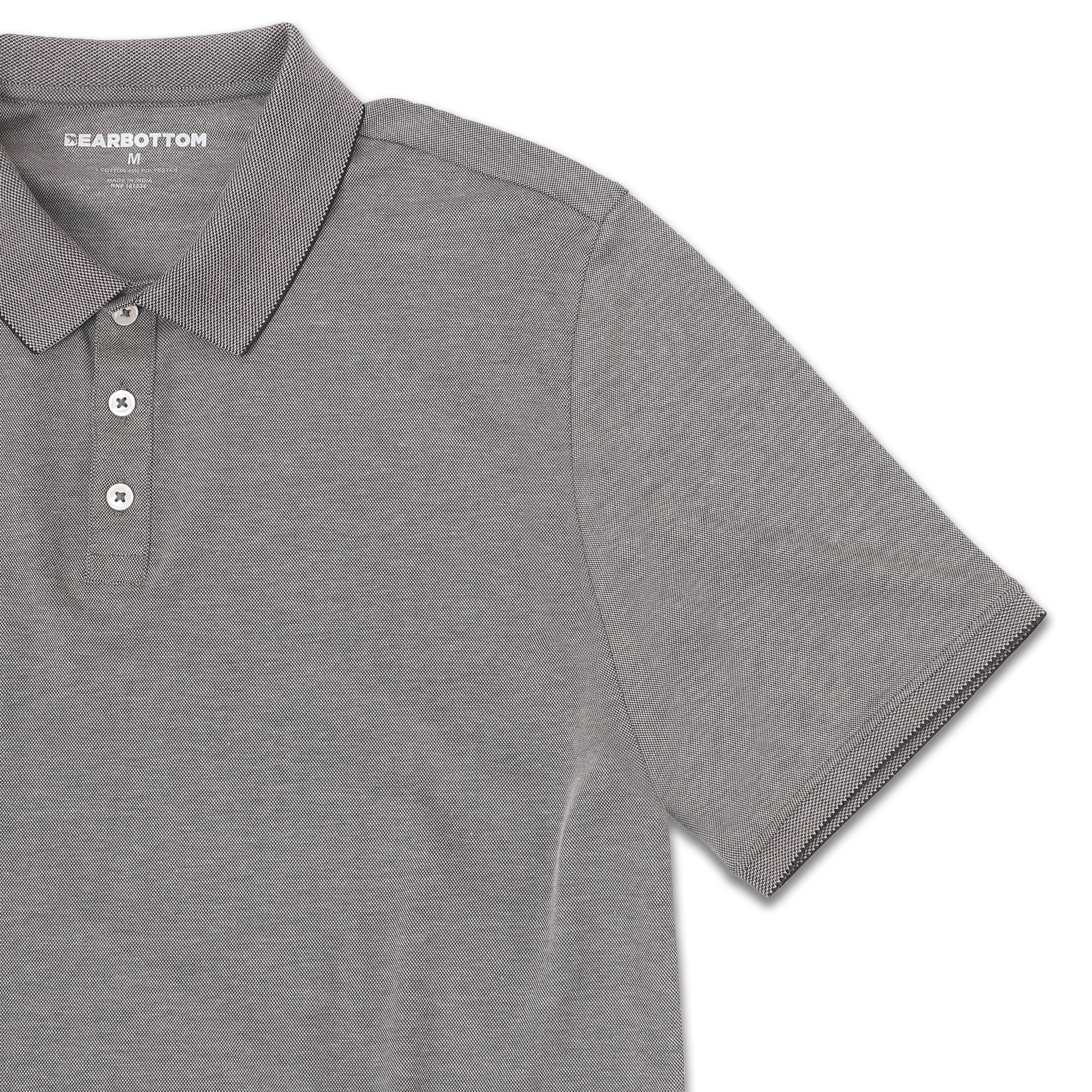 Range Polo Charcoal front close up with ribbed collar, ribbed short sleeves, and 3 white buttons