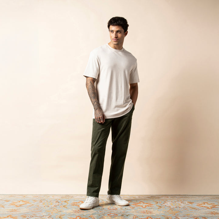 Relaxed Stretch Chino Pant Dark Pine full body on model
