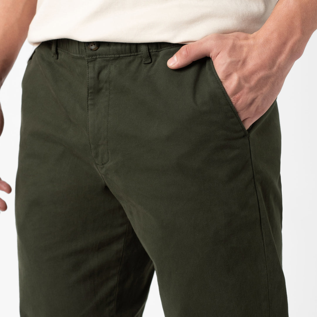 Relaxed Stretch Chino Pant Dark Pine close up on model