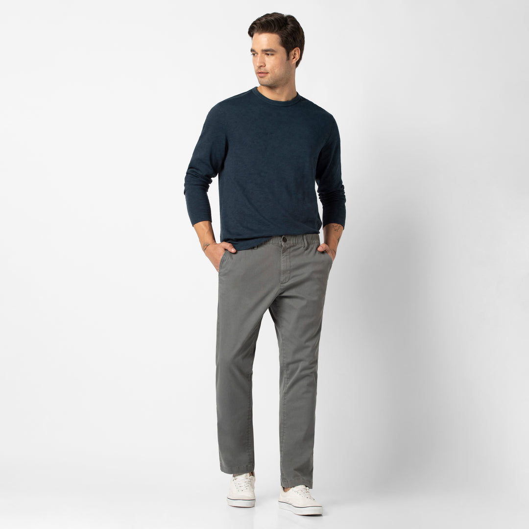 Relaxed Stretch Chino Pant Grey full body on model