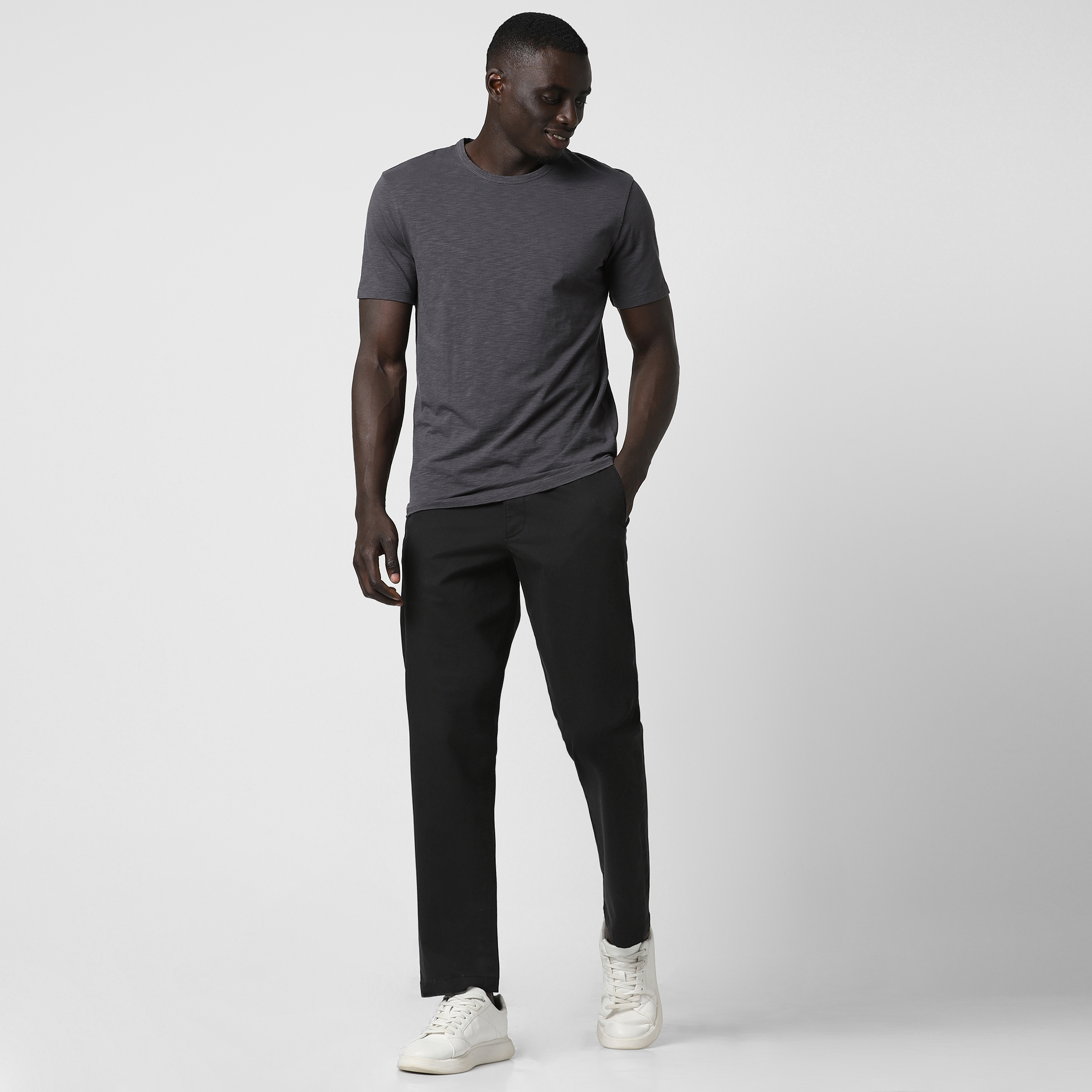 Relaxed Stretch Chino Pant Black full body on model