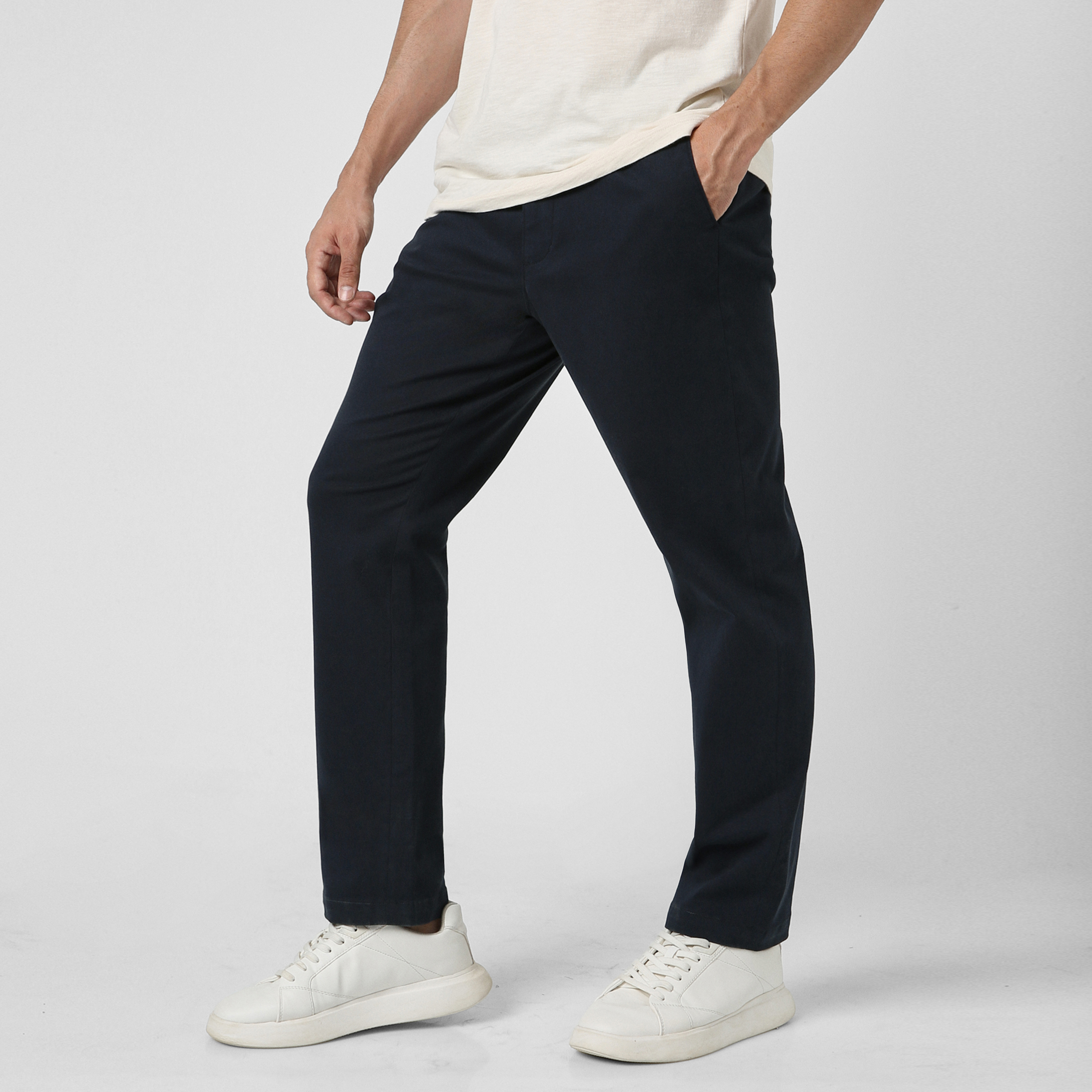 Relaxed Stretch Chino Pant Navy side on model