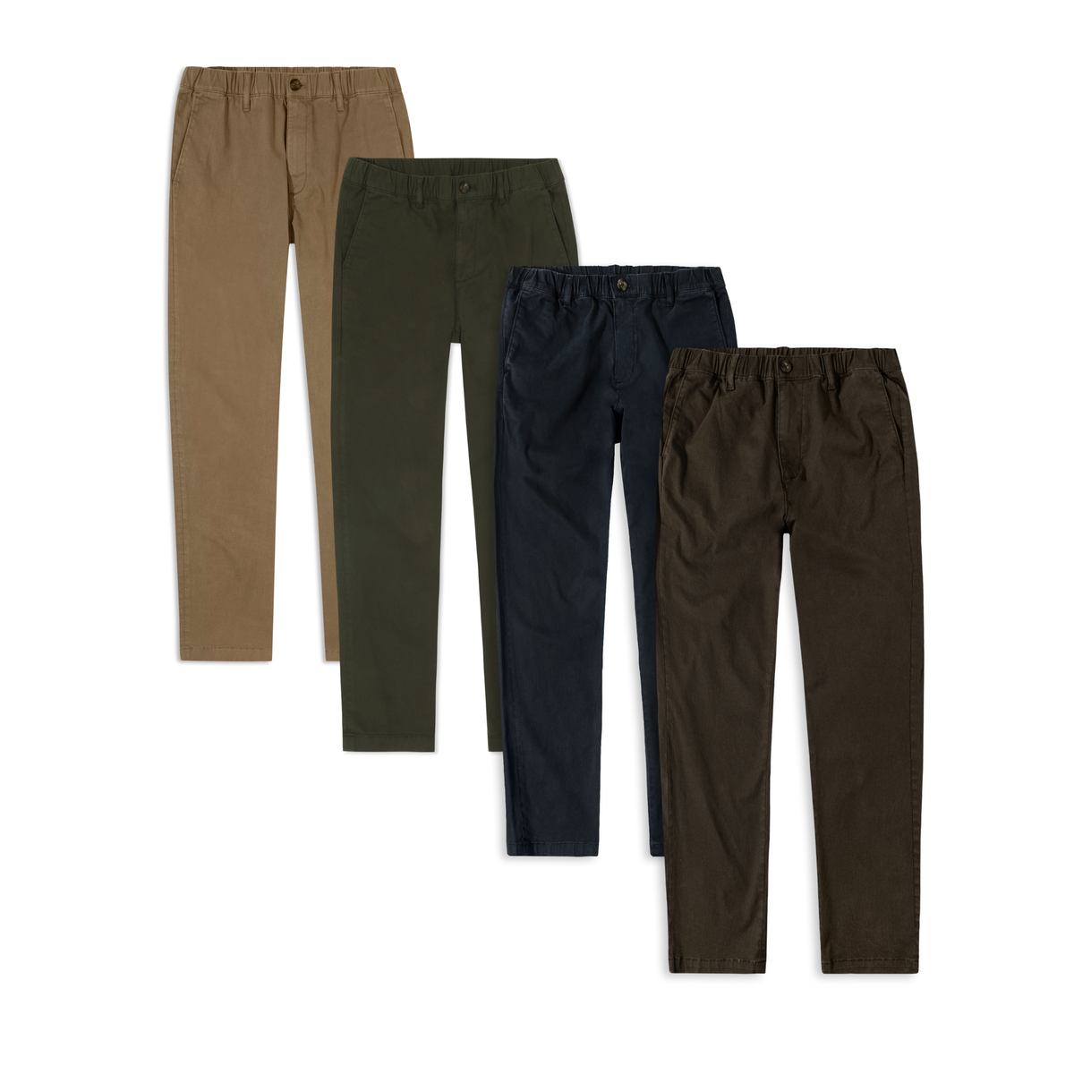 The Relaxed Stretch Chino Pant Bundle features four men's pairs in khaki, olive green, navy blue, and dark brown. Made from cotton spandex, these pants combine comfort and style for any casual occasion. All are displayed in a row on a white background.