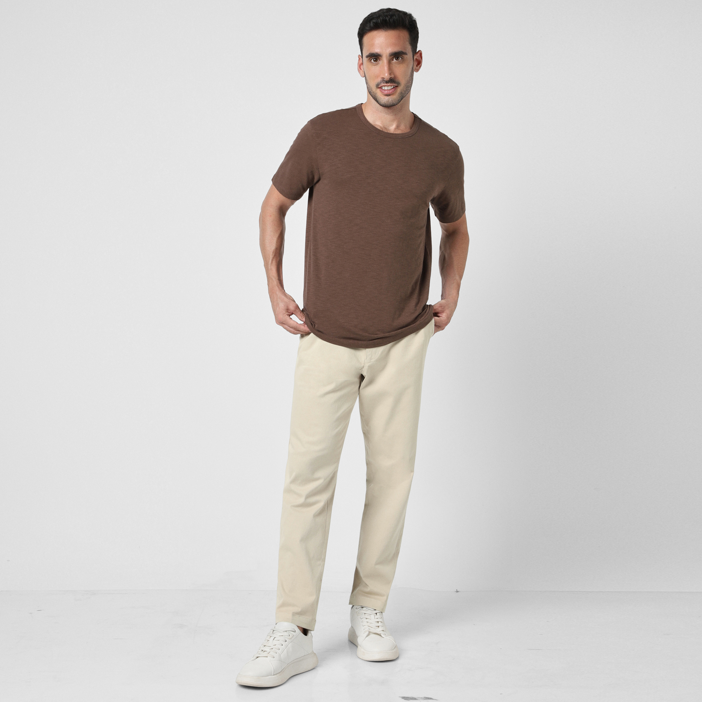 Relaxed Stretch Chino Pant Stone full body on model