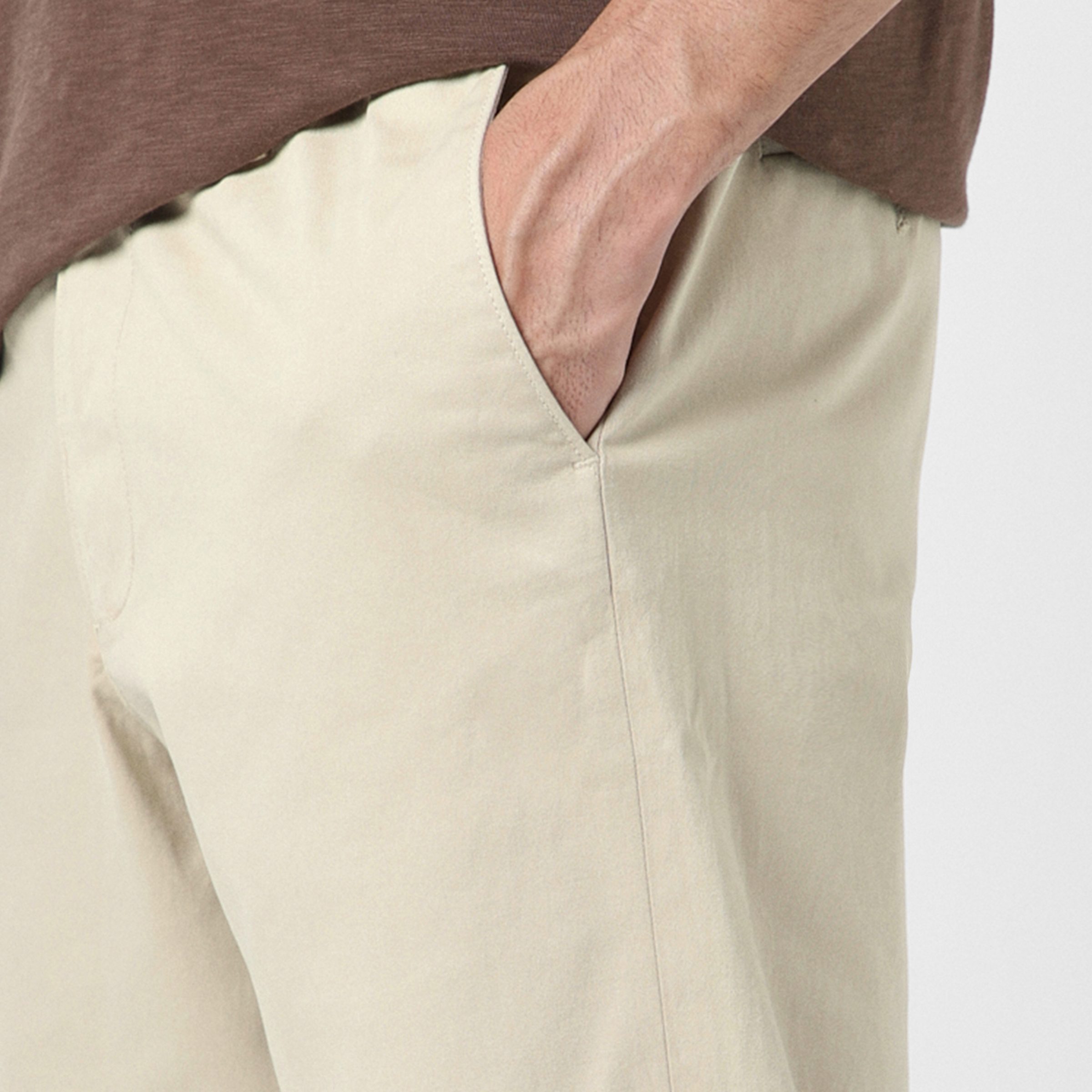Relaxed Stretch Chino Pant Stone close up front left pocket on model