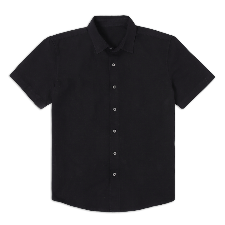 Retreat Linen Shirt Black front with collar, white buttons, and short sleeves