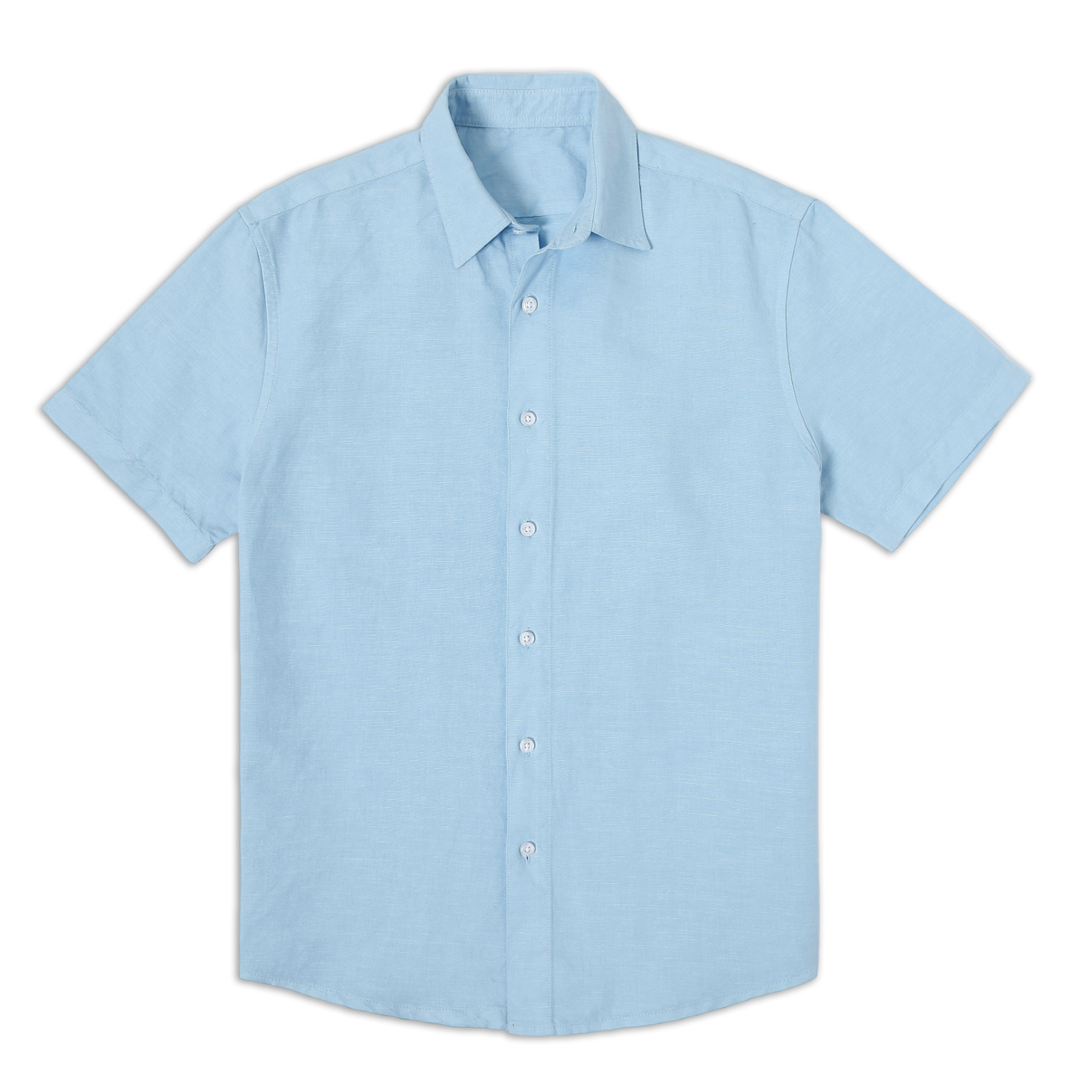 Retreat Linen Shirt Cool Blue front with collar, white buttons, and short sleeves