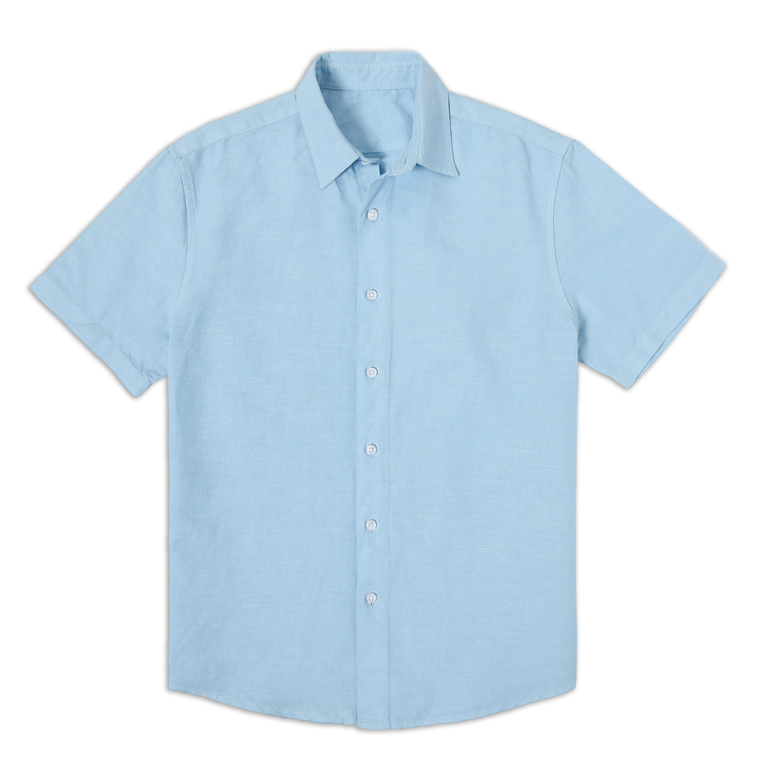Retreat Linen Shirt Cool Blue front with collar, white buttons, and short sleeves