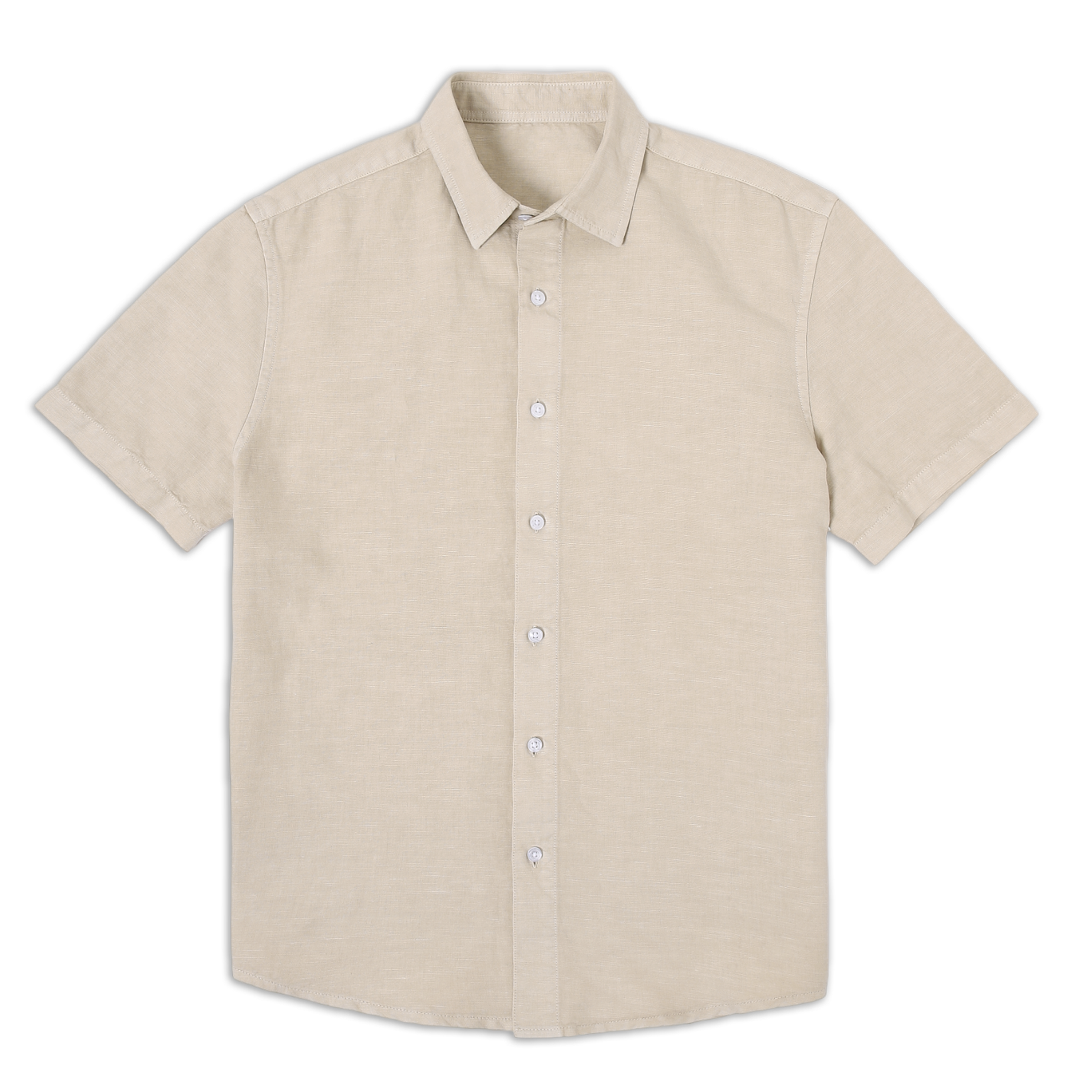 Retreat Linen Shirt Beige front with collar, white buttons, and short sleeves