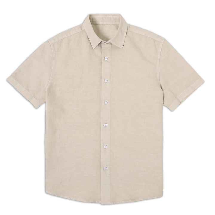 Retreat Linen Shirt Beige front with collar, white buttons, and short sleeves