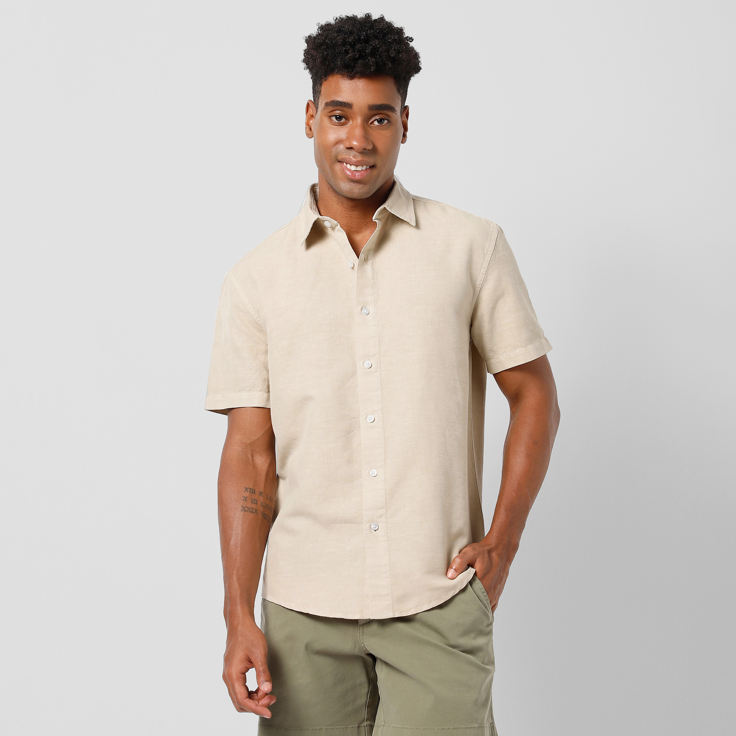 Retreat Linen Shirt Beige front on model