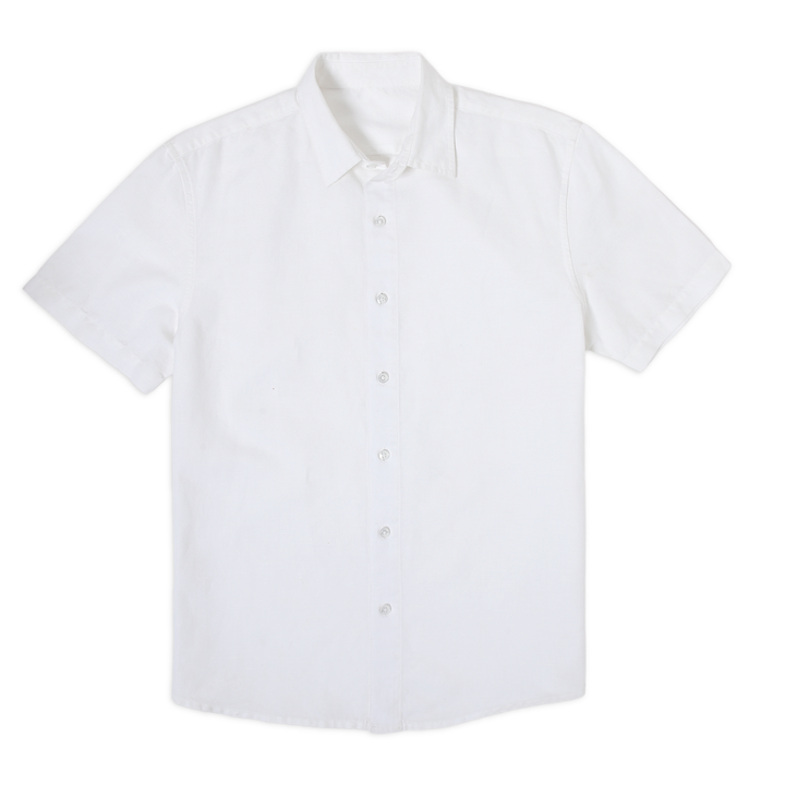 Retreat Linen Shirt White front with collar, white buttons, and short sleeves