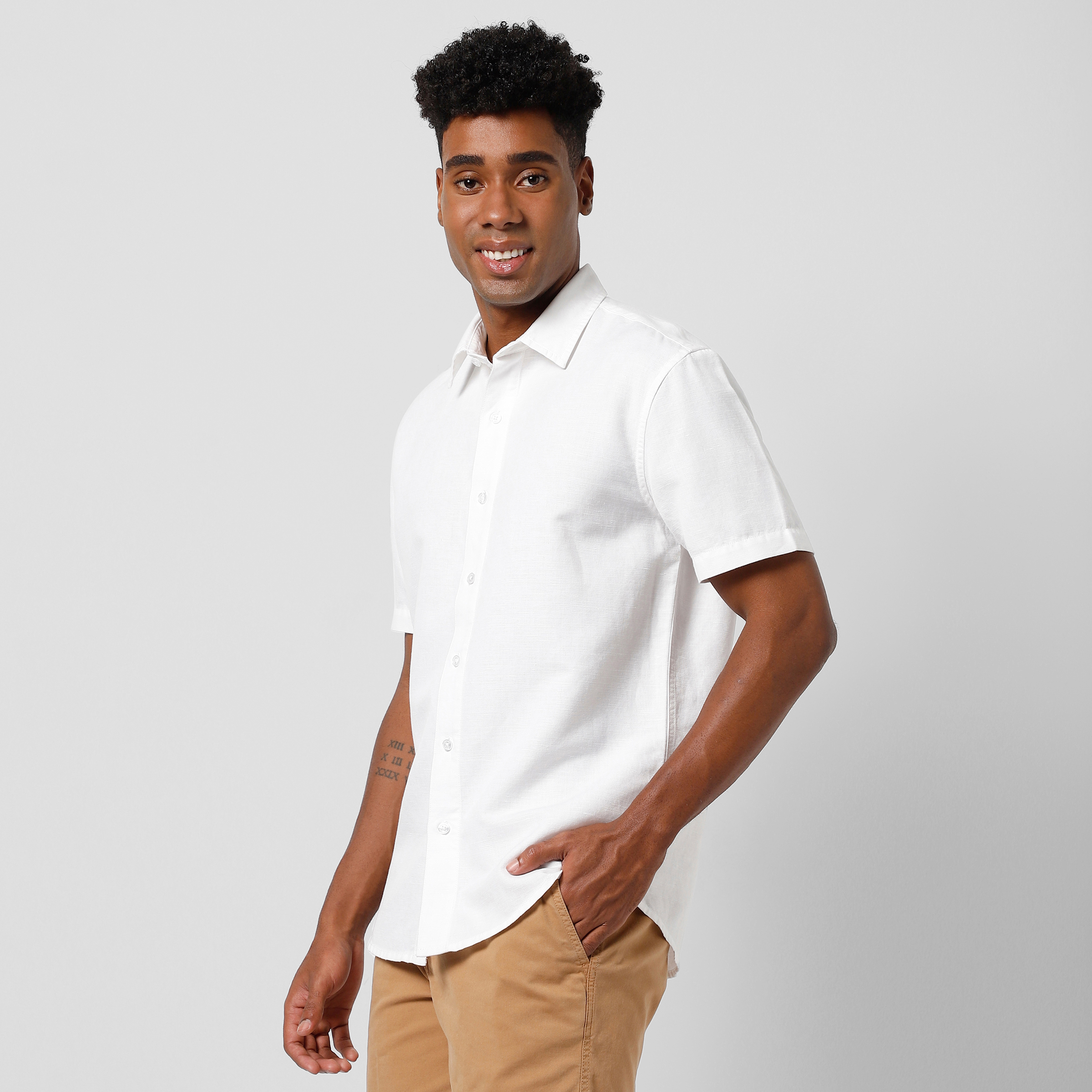 Retreat Linen Shirt White right side on model