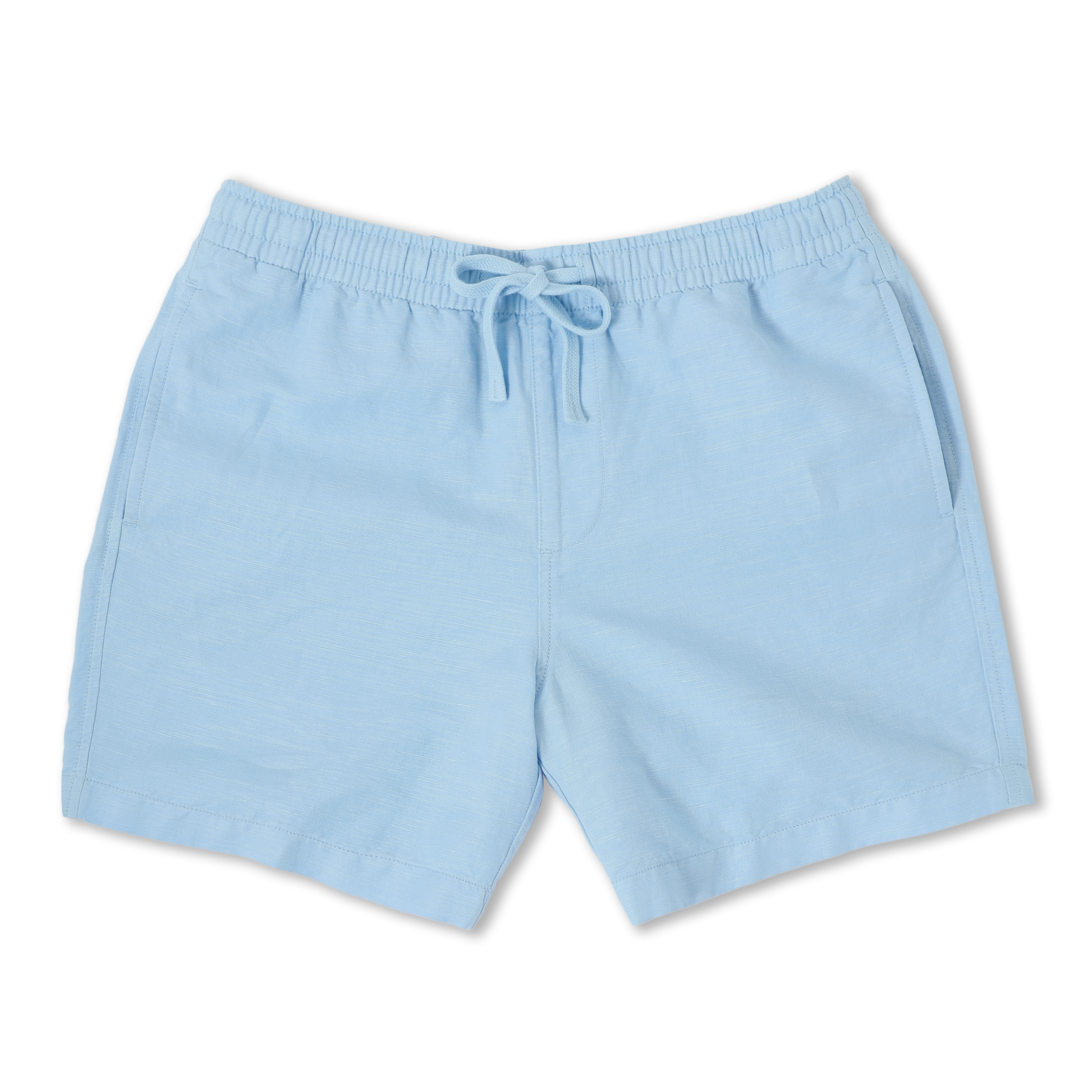 Retreat Linen Short Cool Blue  front with an elastic waistband, two side seam pockets, faux fly, and dyed to match drawstring