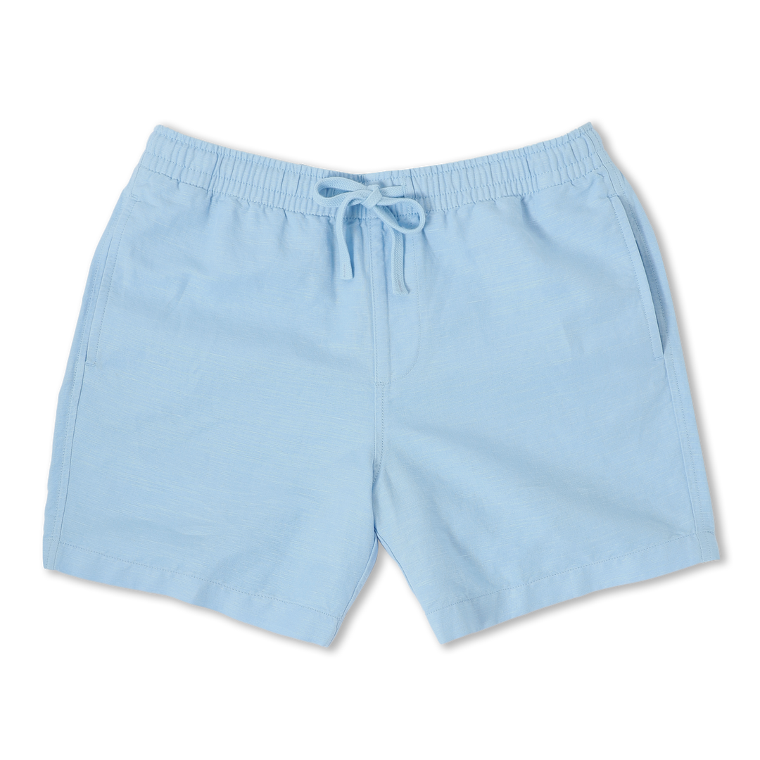 Retreat Linen Short Cool Blue  front with an elastic waistband, two side seam pockets, faux fly, and dyed to match drawstring