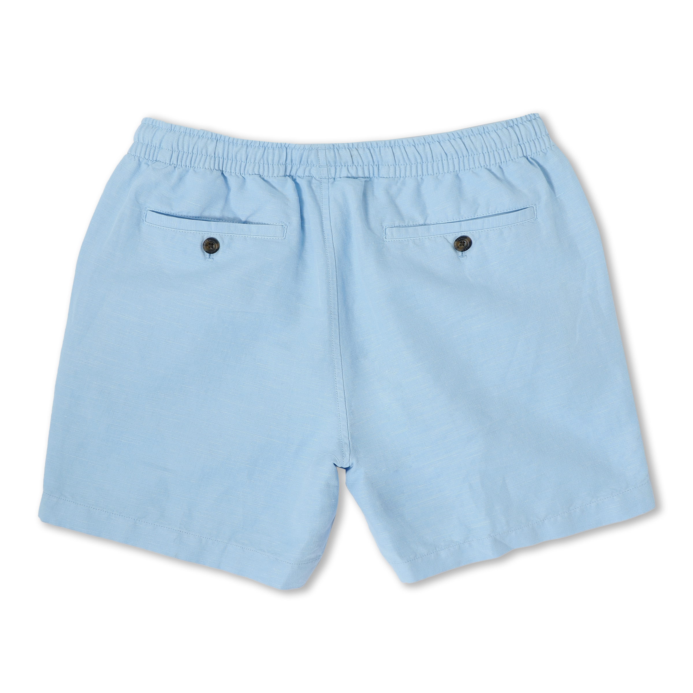 Retreat Linen Short Cool Blue back with elastic waistband and two buttoned back pockets
