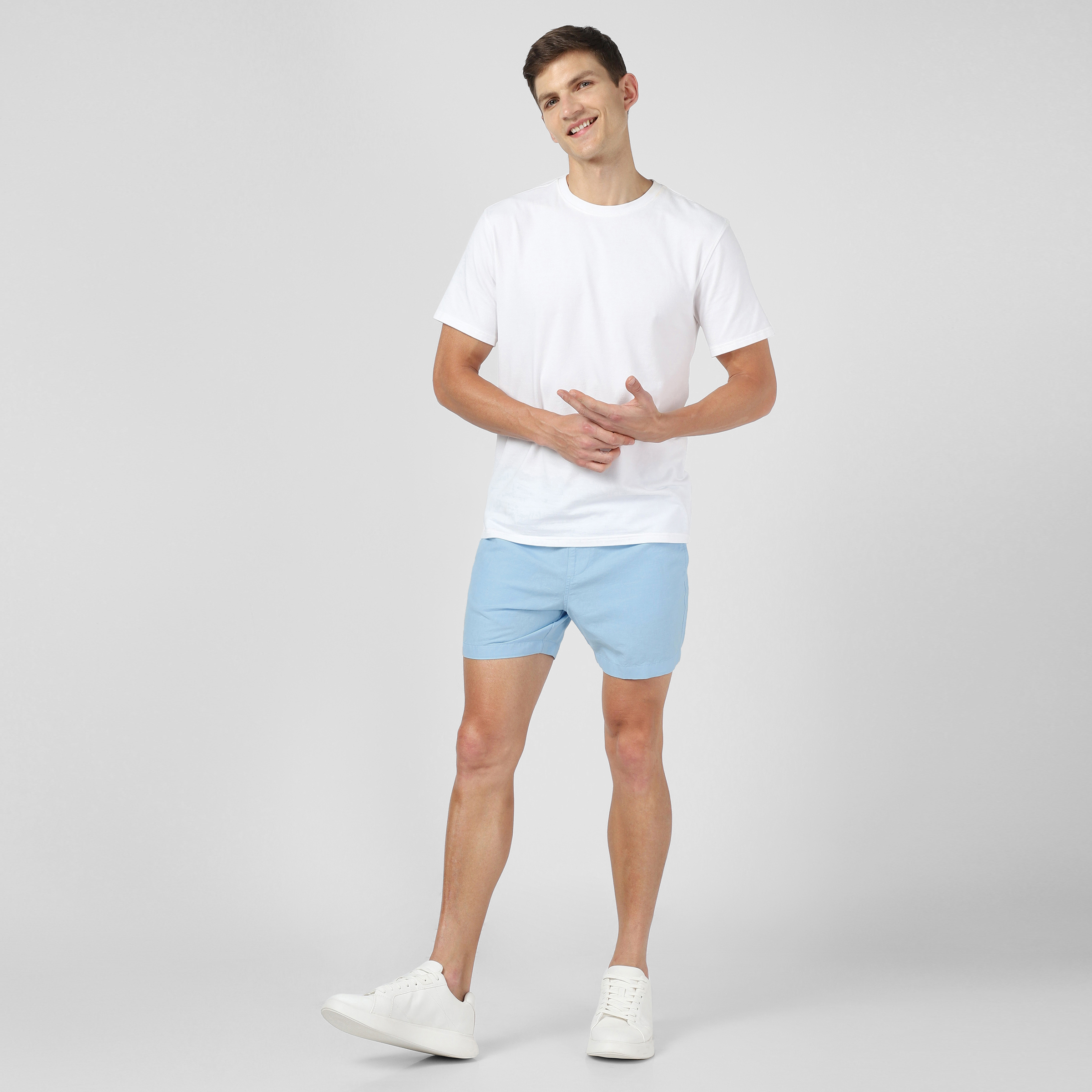 Retreat Linen Short Cool Blue front on model worn with Natural Dye Tee White