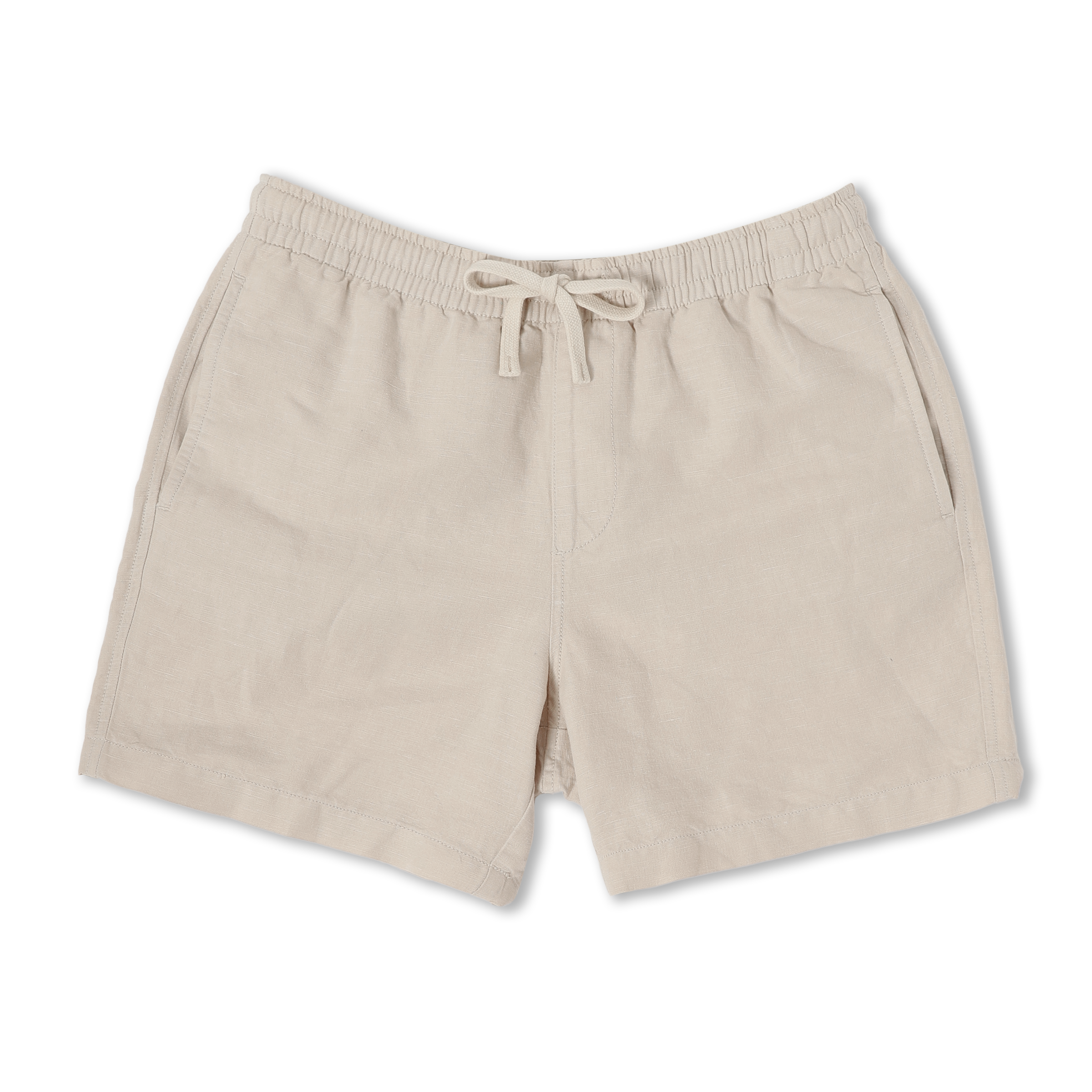Retreat Linen Short Beige front with an elastic waistband, two side seam pockets, faux fly, and dyed to match drawstring