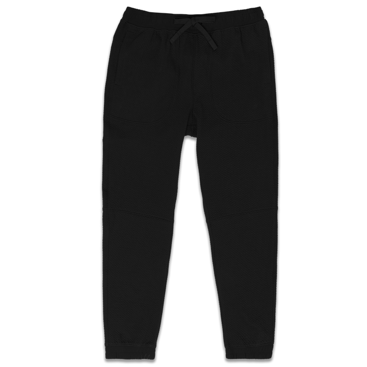 Roam Jogger Black front with an elastic wstband, two side seam pockets, dyed to match drawstring, and ribbed ankle cuffs