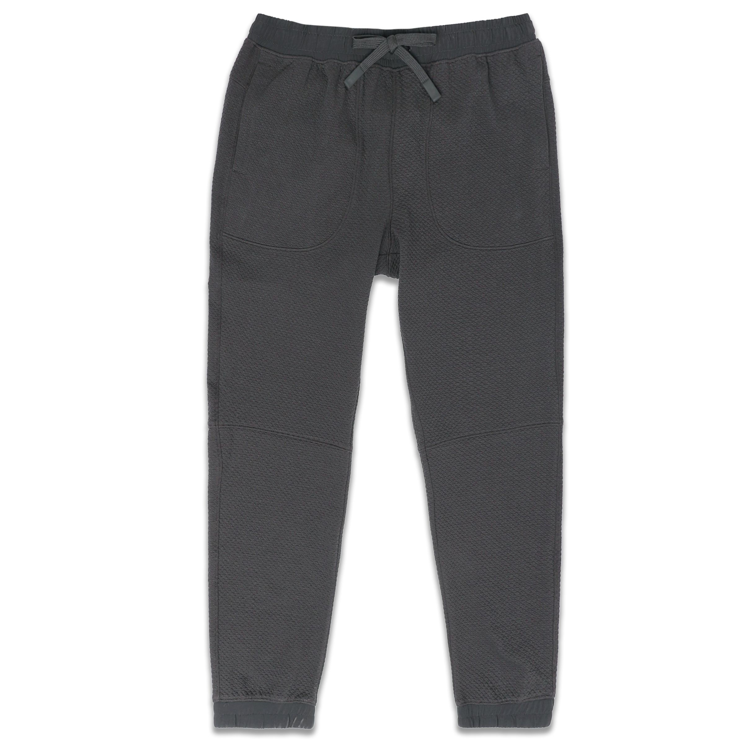Roam Jogger Coal front with an elastic wstband, two side seam pockets, dyed to match drawstring, and ribbed ankle cuffs