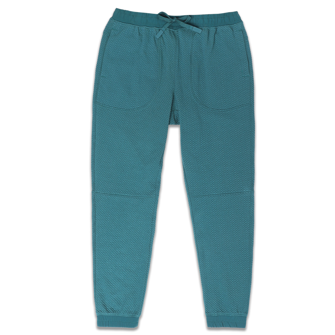 Roam Jogger Dark Teal front with an elastic wstband, two side seam pockets, dyed to match drawstring, and ribbed ankle cuffs