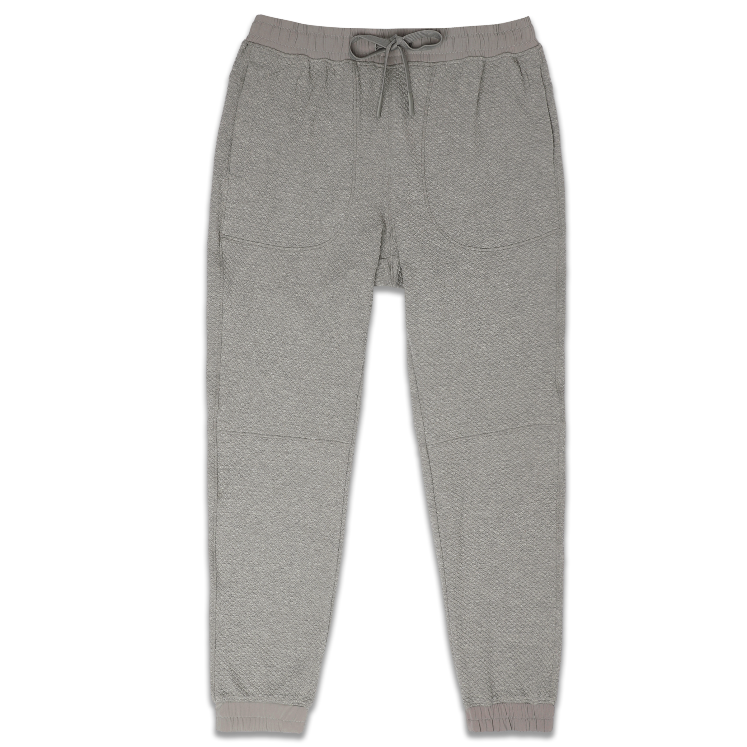 Roam Jogger Heather Grey front with an elastic waistband, two side seam pockets, dyed to match drawstring, and ribbed ankle cuffs