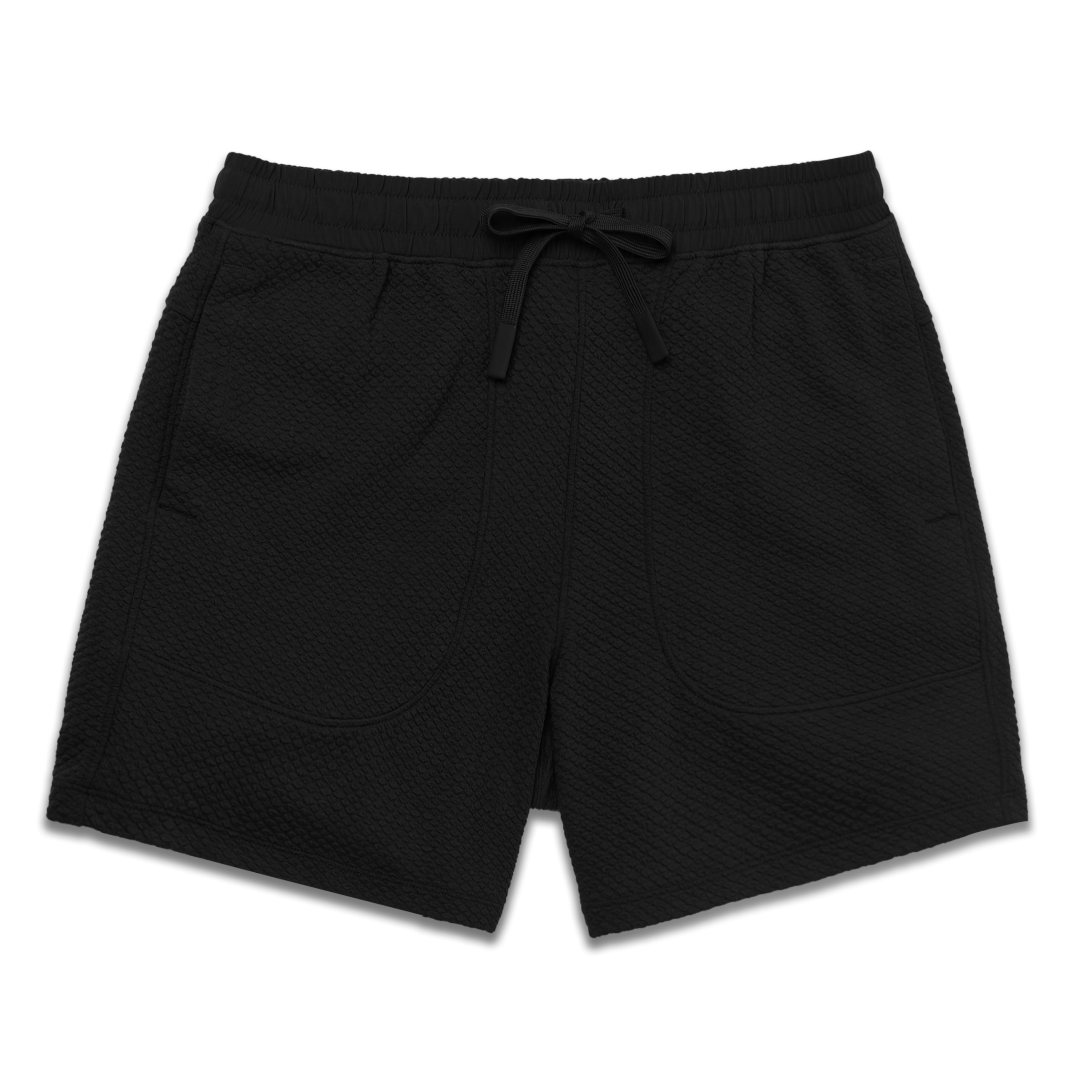 Roam Short 5.5" Black front with an elastic waistband, two side seam pockets, and dyed to match drawstring