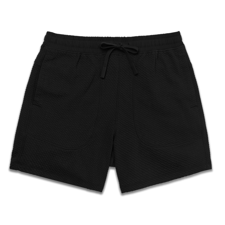 Roam Short 5.5" Black front with an elastic waistband, two side seam pockets, and dyed to match drawstring