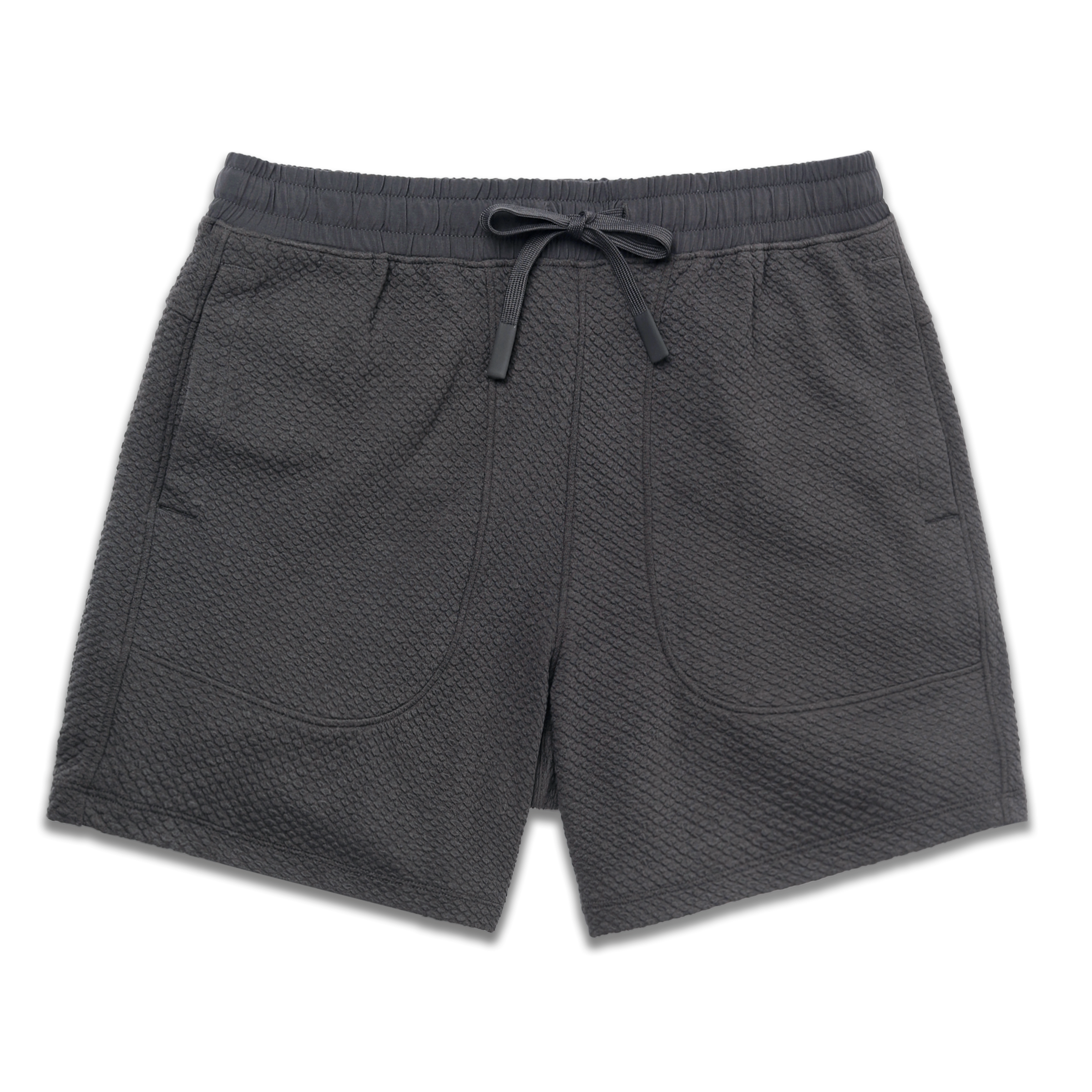 Roam Short 5.5" Coal front with an elastic waistband, two side seam pockets, and dyed to match drawstring