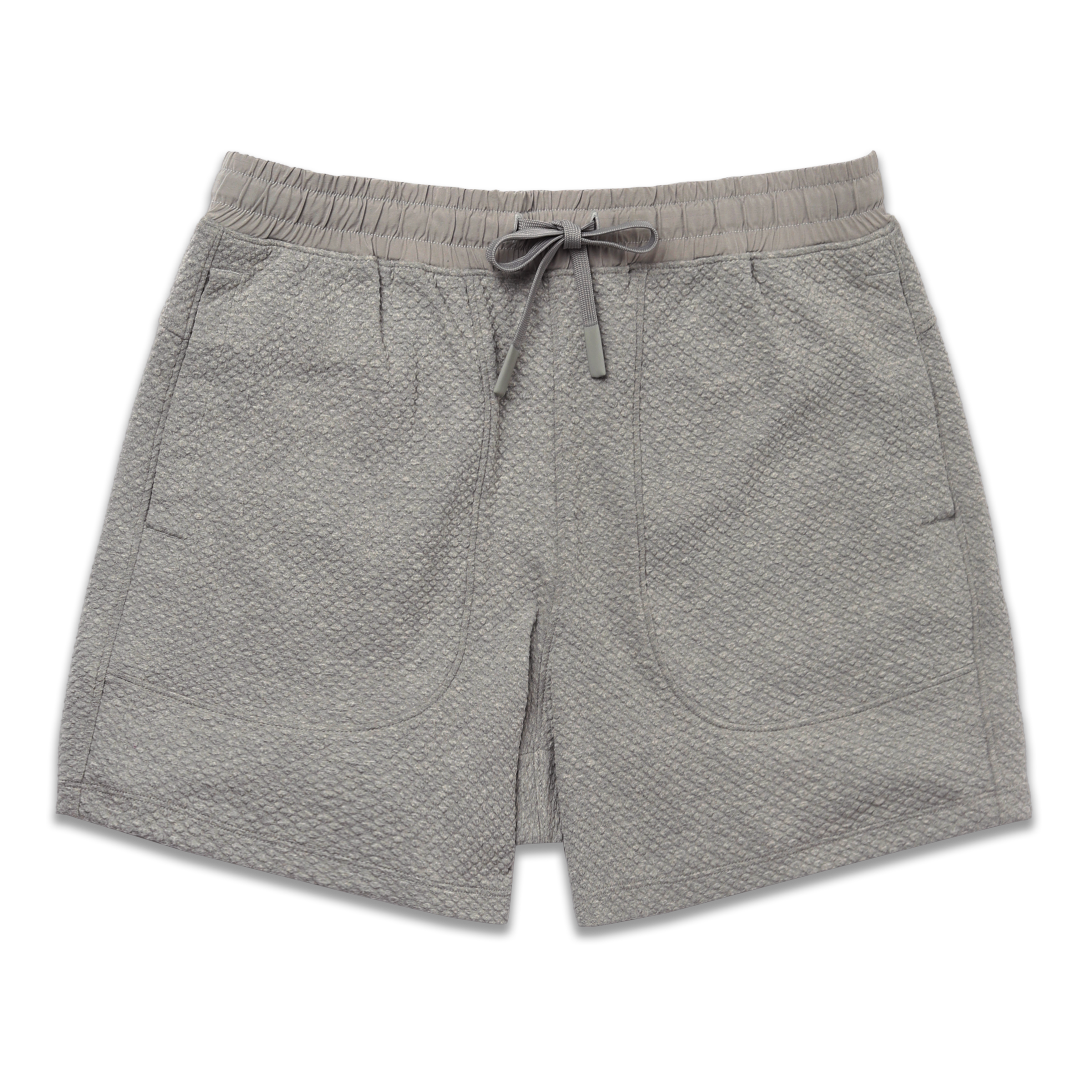 Roam Short 5.5" Heather Grey front with an elastic waistband, two side seam pockets, and dyed to match drawstring