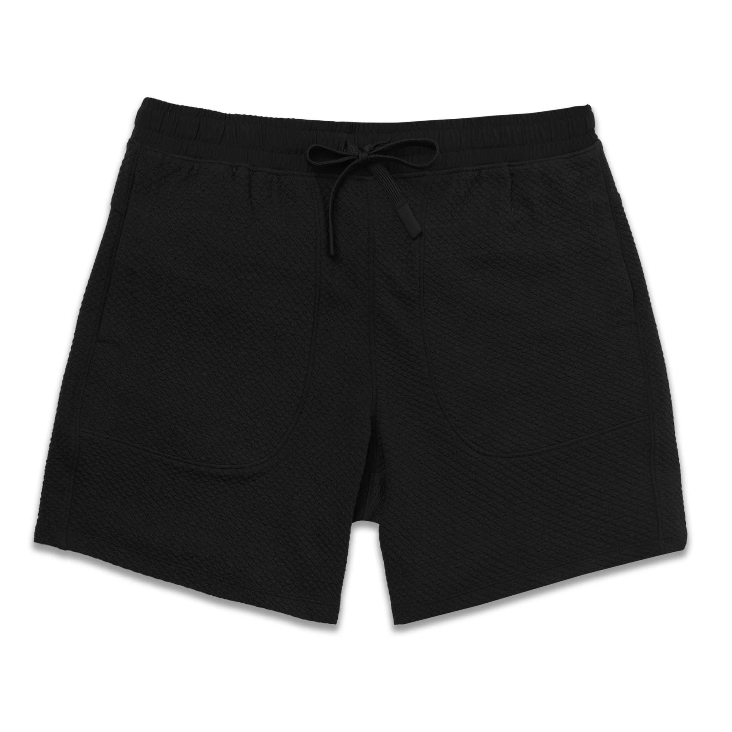 Roam Short 7" Black front with an elastic waistband, two side seam pockets, and dyed to match drawstring