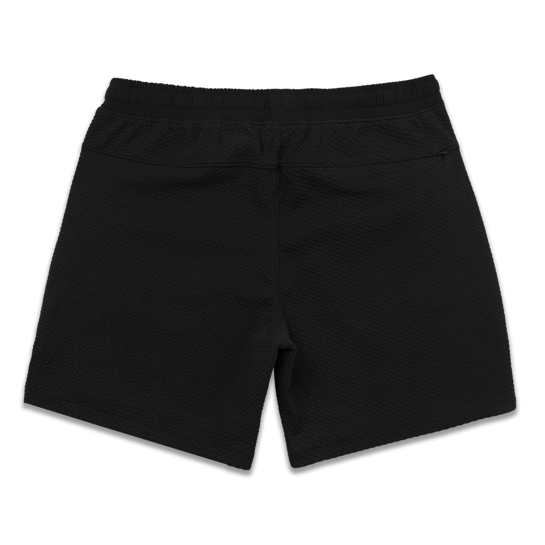 Roam Short 7" Black back with elastic waistband and back right hidden zipper pocket