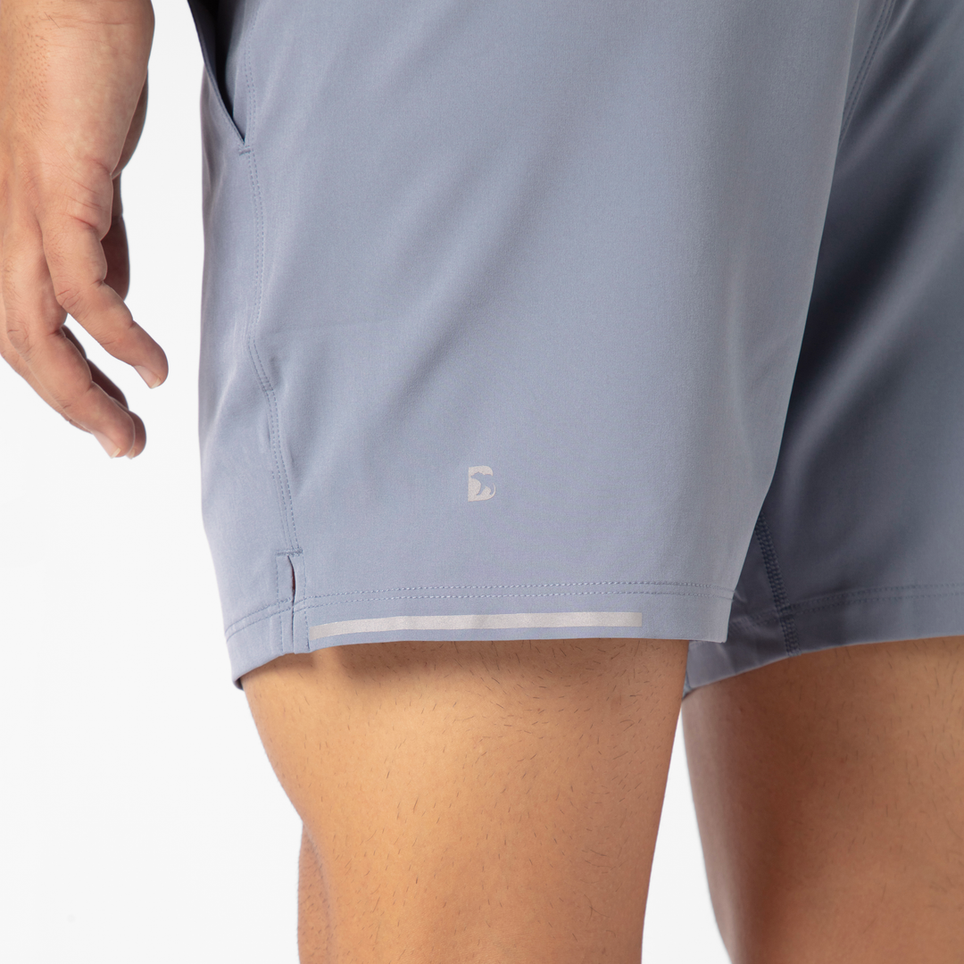 Run Short v2 5.5" Flint back close up of reflective B logo on model