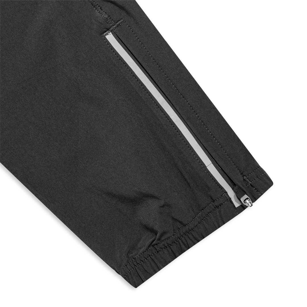 Run Jogger Coal close up zipper at ankles, and reflective strip at side seam/bottom hem
