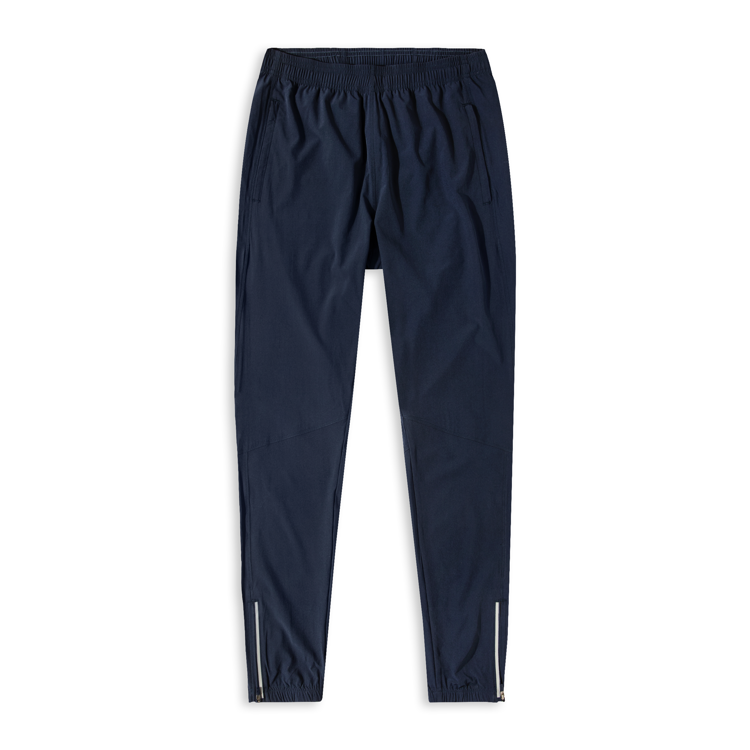 Run Jogger Navy front with Elastic Waistband, Zippered Side Pockets, Zipper at ankles, and Reflective strip at side seam/bottom hem