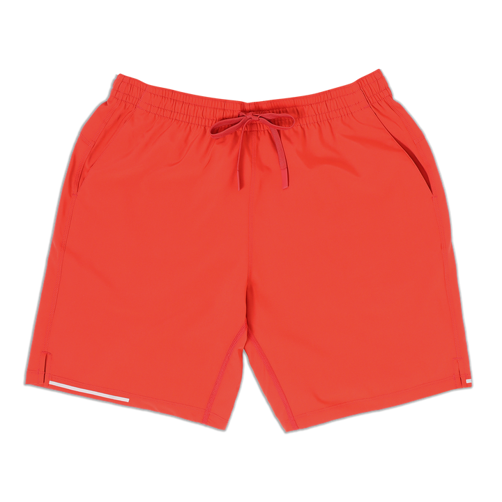 Run Short v2 7" Coral front with elastic waistband, dyed-to-match drawstring with rubberized tips, two front pockets, split hem, and reflective line on bottom right hem