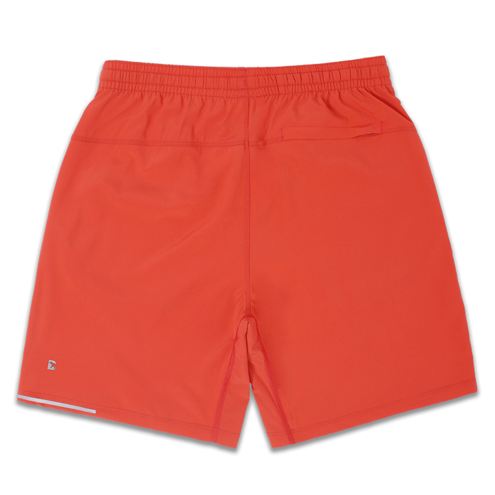 Run Short v2 7" Coral back with elastic waistband, back right hidden zipper pocket, reflective line on bottom left hem, and reflective Bear B logo on bottom left leg