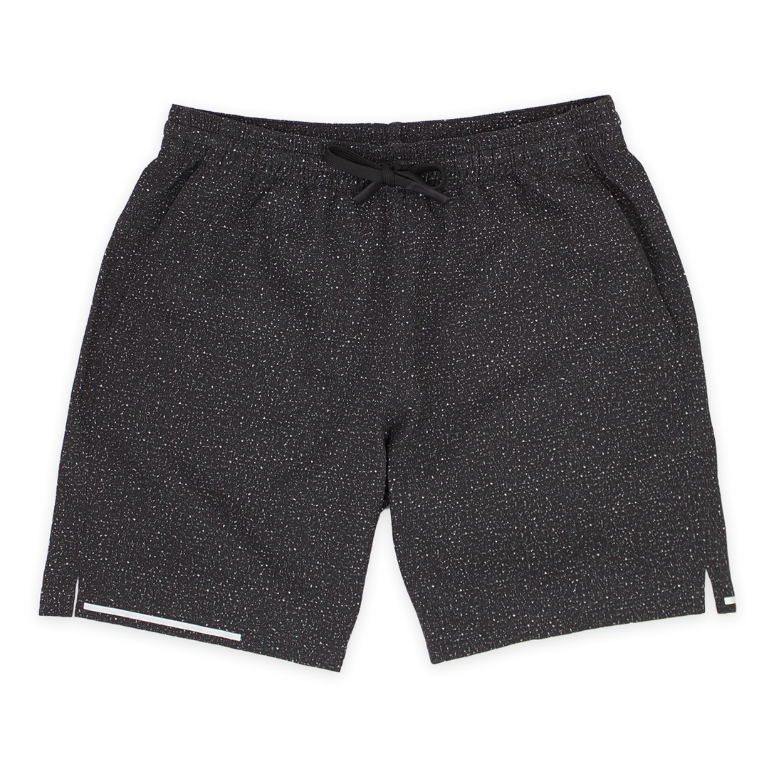 Run Short v2 7" Carbon front with elastic waistband, dyed-to-match drawstring with rubberized tips, two front pockets, split hem, and reflective line on bottom right hem