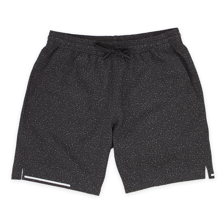 Run Short v2 7" Carbon front with elastic waistband, dyed-to-match drawstring with rubberized tips, two front pockets, split hem, and reflective line on bottom right hem