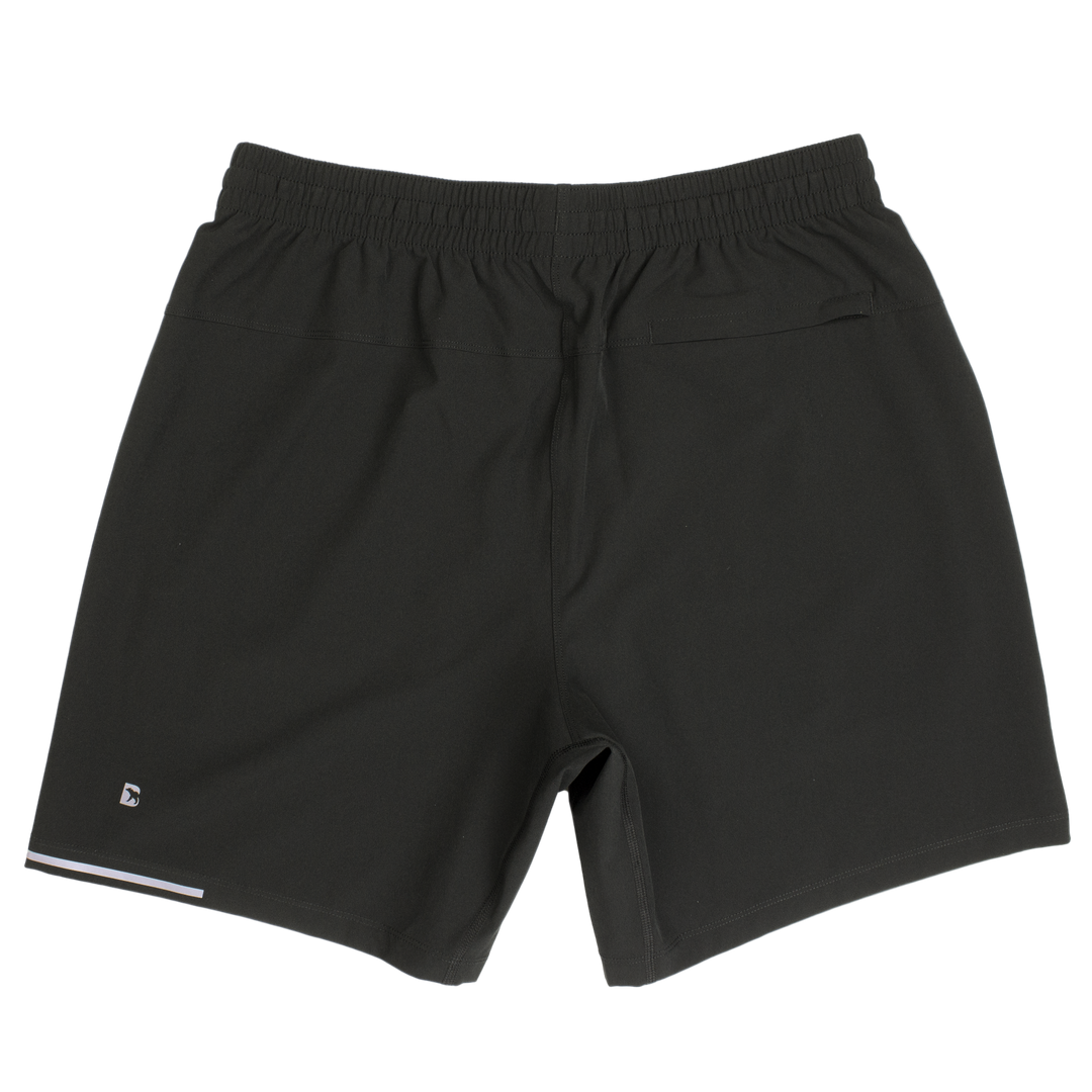 Run Short v2 7" Black back with elastic waistband, back right hidden zipper pocket, reflective line on bottom left hem, and reflective Bear B logo on bottom left leg