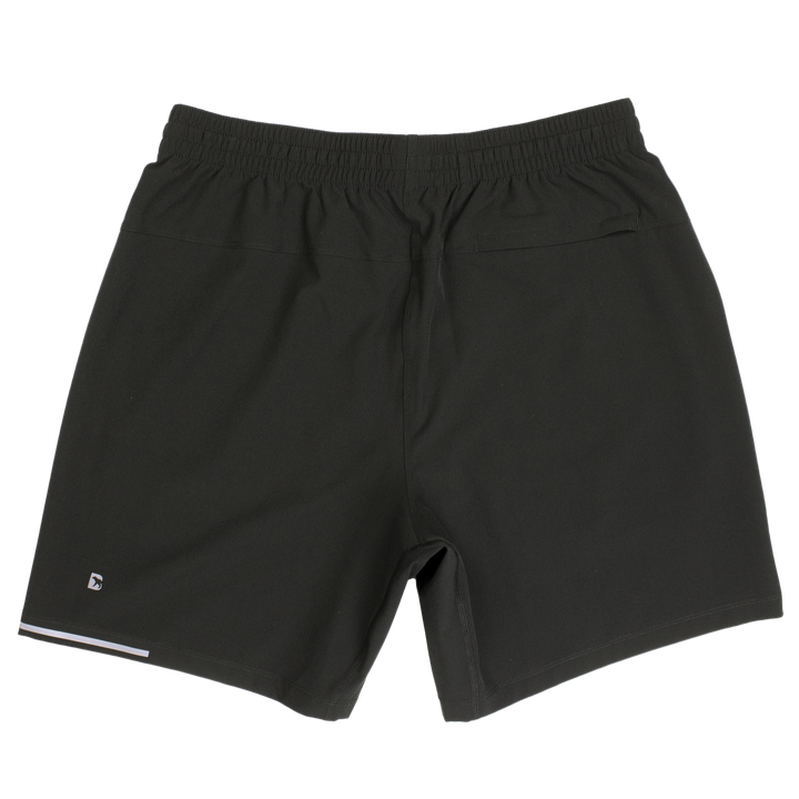 Run Short v2 7" Black back with elastic waistband, back right hidden zipper pocket, reflective line on bottom left hem, and reflective Bear B logo on bottom left leg