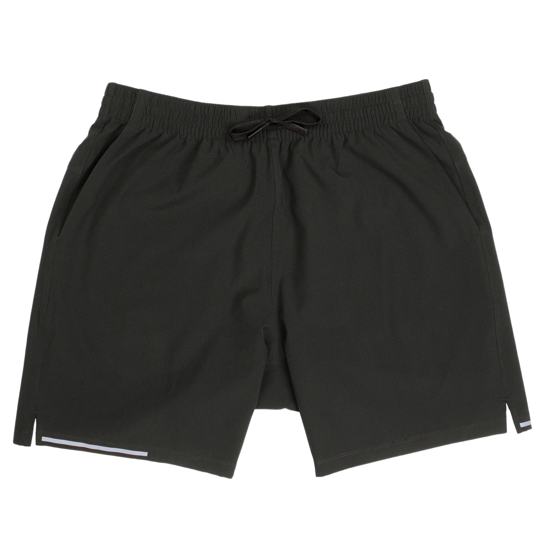 Run Short v2 7" Black front with elastic waistband, dyed-to-match drawstring with rubberized tips, two front pockets, split hem, and reflective line on bottom right hem