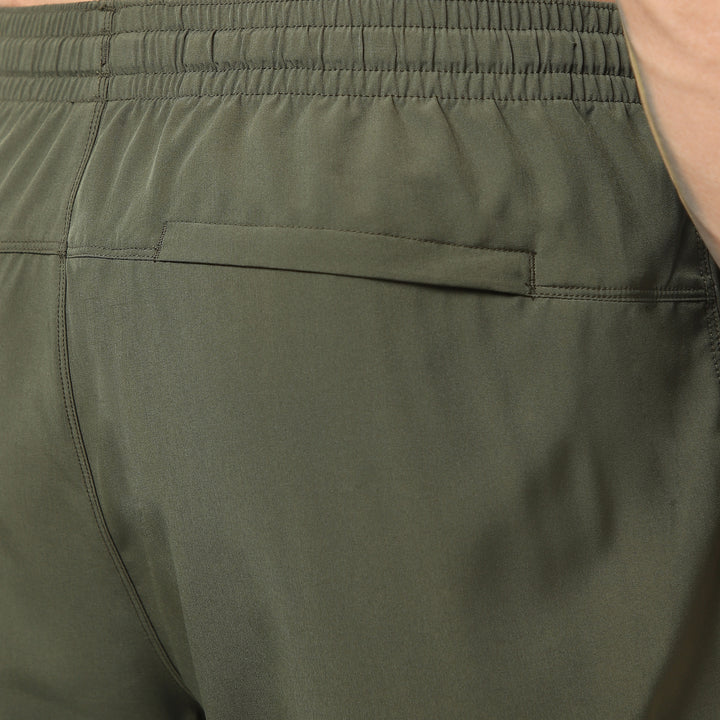 Run Short v2 7" Military Green close up of back right hidden zipper pocket