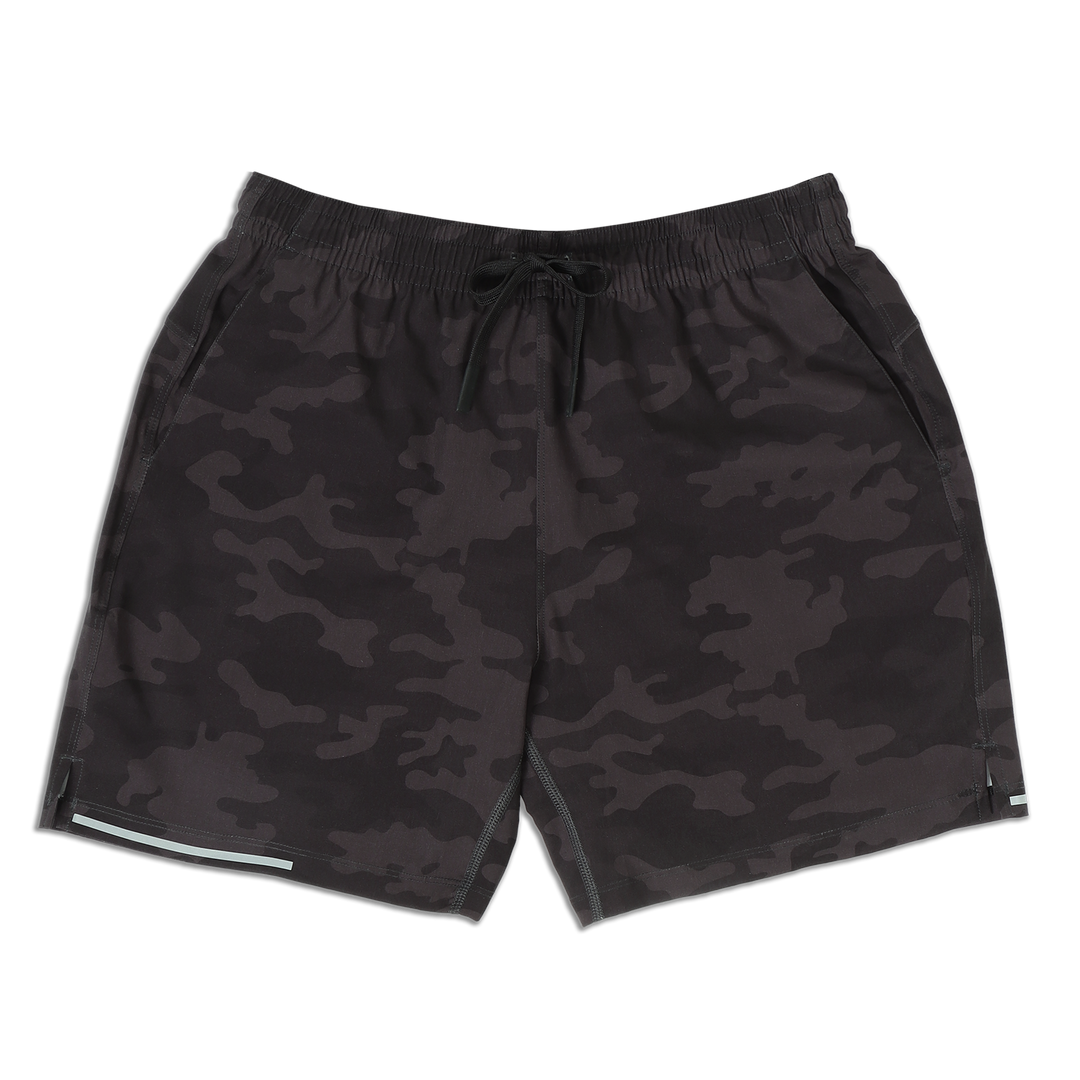 Run Short v2 7" Camo Black front with elastic waistband, dyed-to-match drawstring with rubberized tips, two front pockets, split hem, and reflective line on bottom right hem