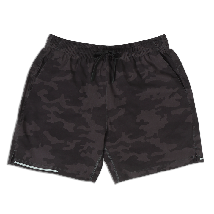 Run Short v2 7" Camo Black front with elastic waistband, dyed-to-match drawstring with rubberized tips, two front pockets, split hem, and reflective line on bottom right hem