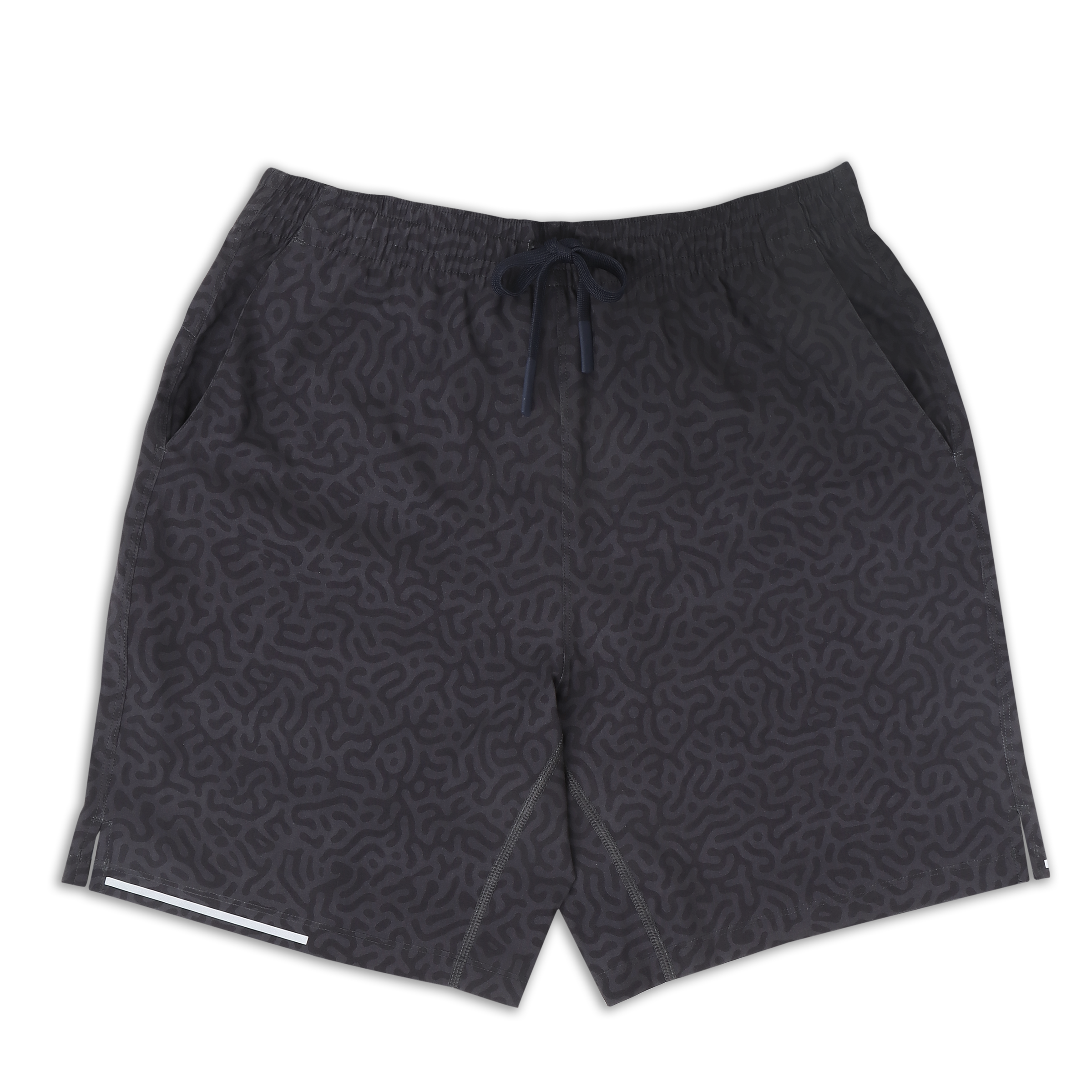 Run Short v2 7" Maze Navy front with elastic waistband, dyed-to-match drawstring with rubberized tips, two front pockets, split hem, and reflective line on bottom right hem