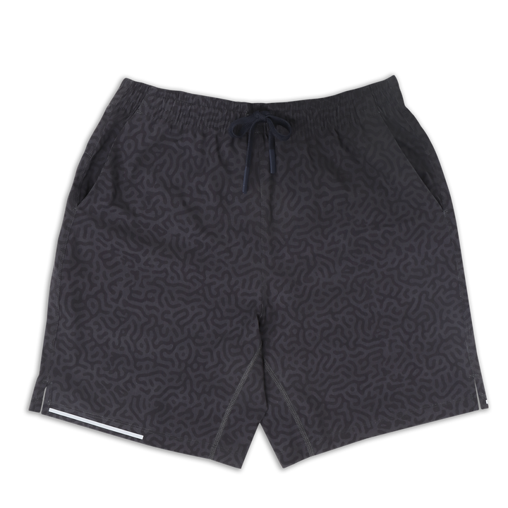 Run Short v2 7" Maze Navy front with elastic waistband, dyed-to-match drawstring with rubberized tips, two front pockets, split hem, and reflective line on bottom right hem