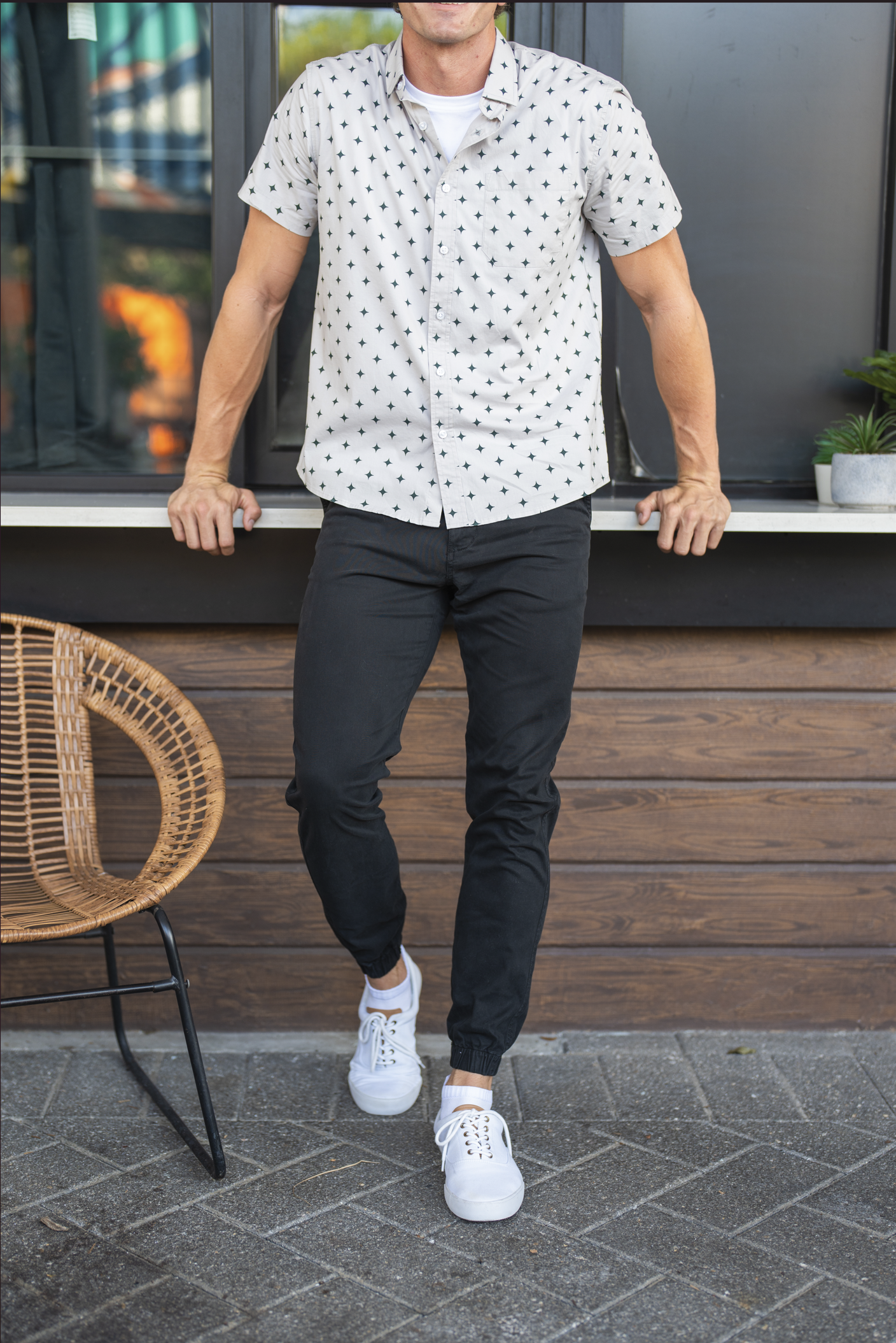 Stretch Jogger Black on model worn with Marina Shirt Flash